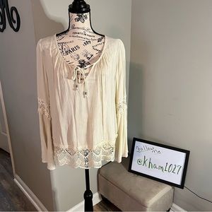 Taylor & Sage Cream Boho Bell Sleeved Blouse with Lace Trim